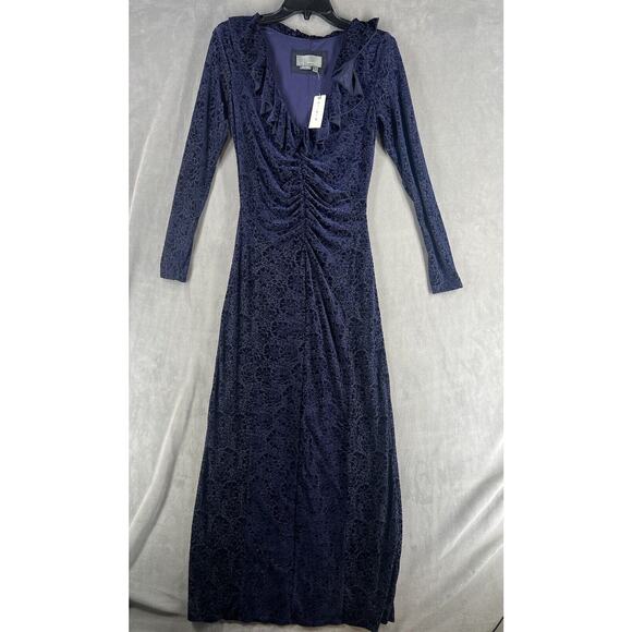 Anthropologie Velvet Ruched Maxi Dress Size Small Blue V-neck - Picture 2 of 11